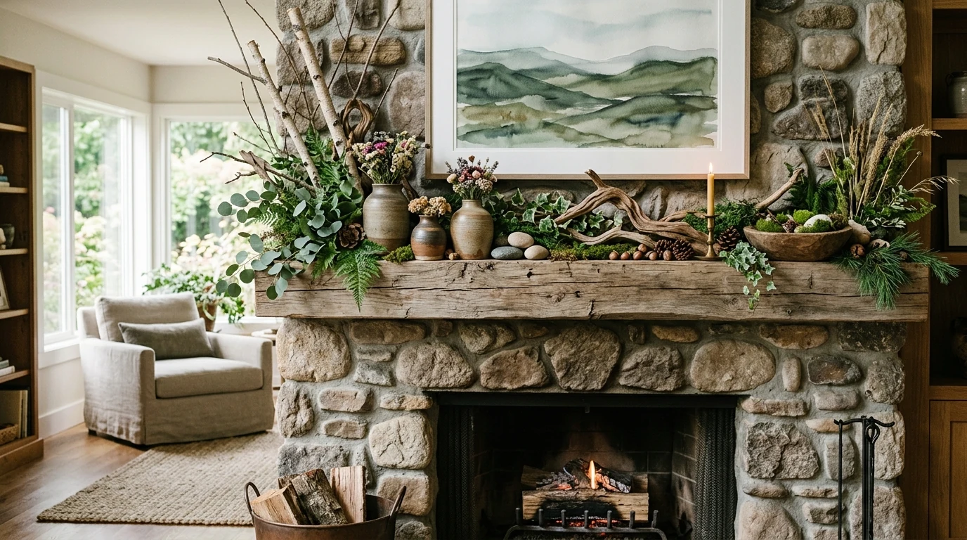 Asymmetrical winter mantel styling with garland flowing to one side.