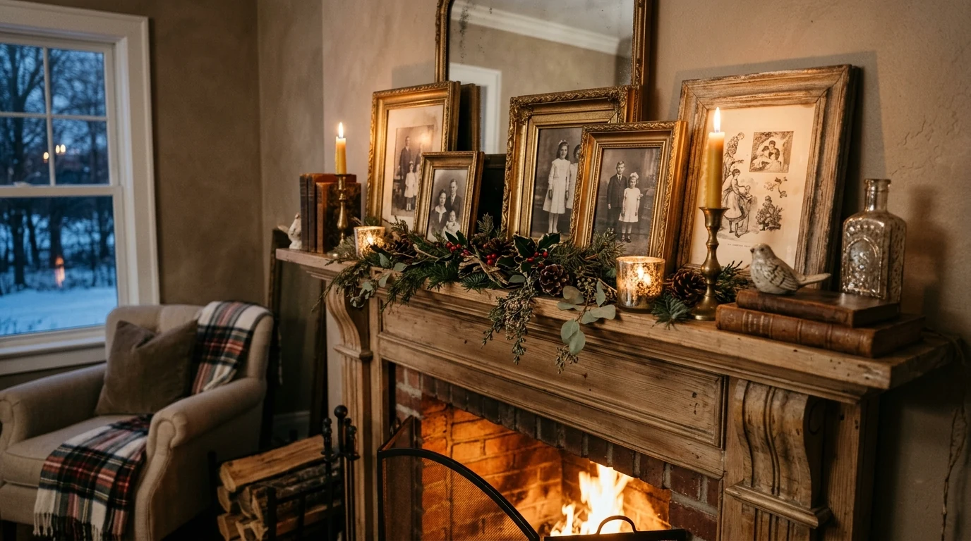 Winter mantel with soft white ceramic trees and neutral decor.
