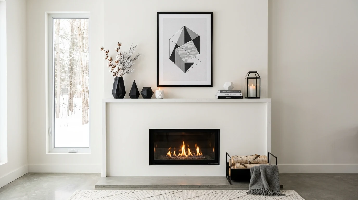 Winter mantel with pale decor and black accents for contrast.