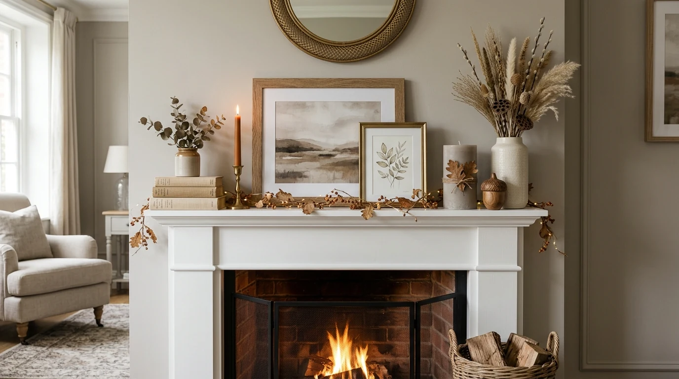 Transitional winter mantel with greenery that works beyond Christmas.