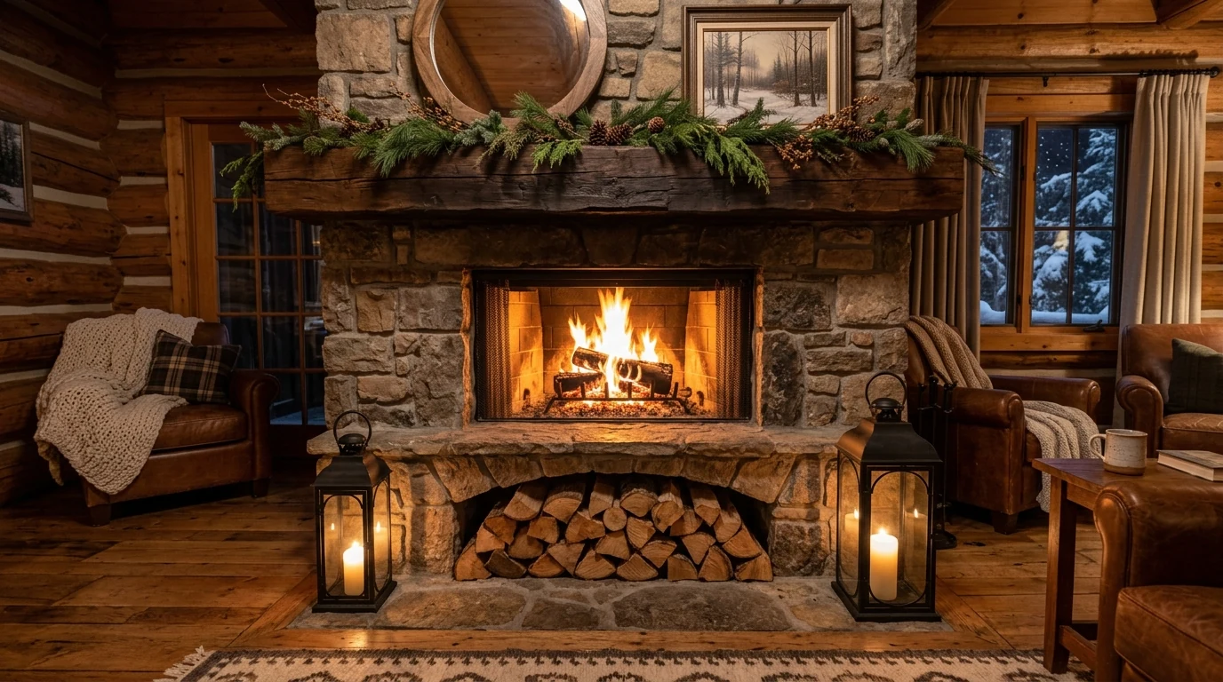 Mantel updated with framed winter artwork and soft neutral styling.