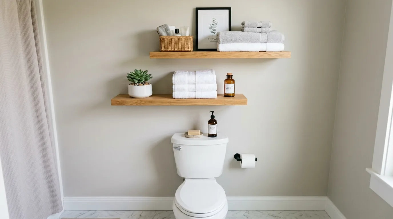 Creative above-the-toilet storage and decor idea for a rental bathroom.