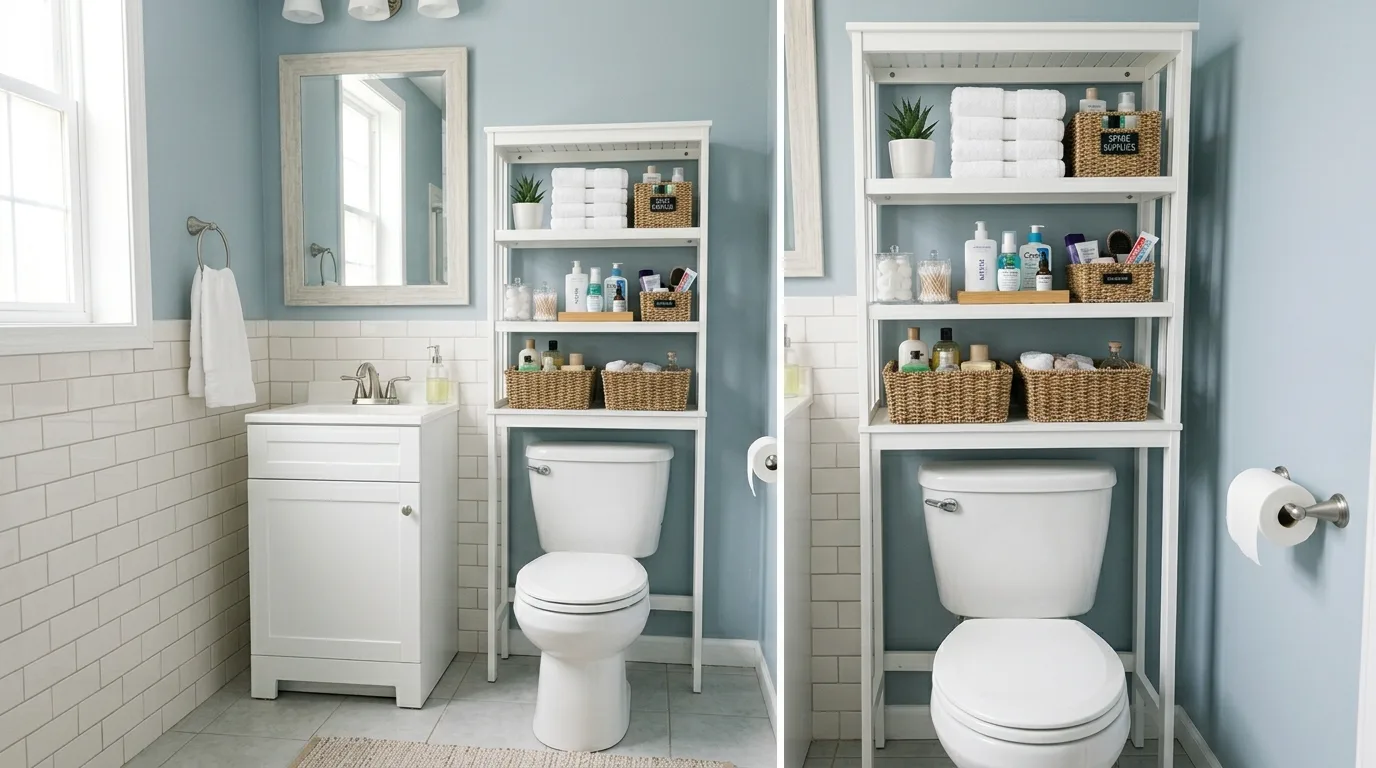 Small bathroom with a closed cabinet installed above the toilet.