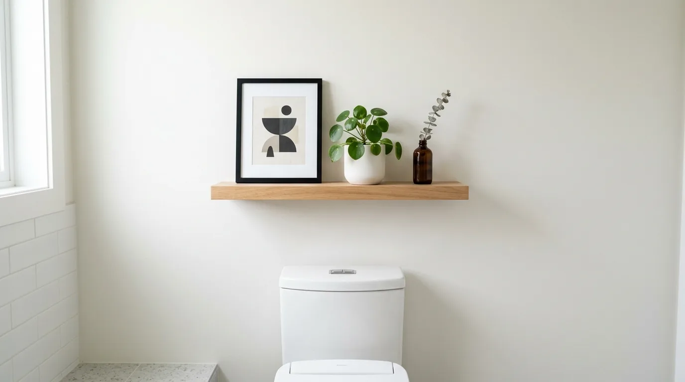Above-toilet shelf storage using woven baskets in a styled bathroom.