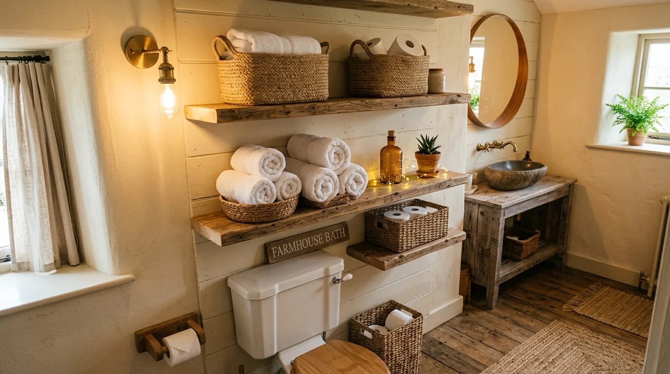 Bathroom with warm wooden shelves mounted above the toilet.