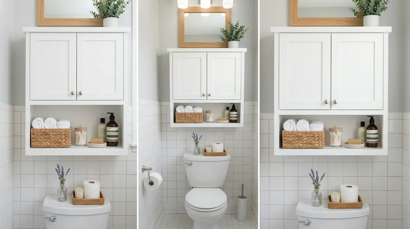 Above-toilet bathroom decor combining framed art with a shelf below.