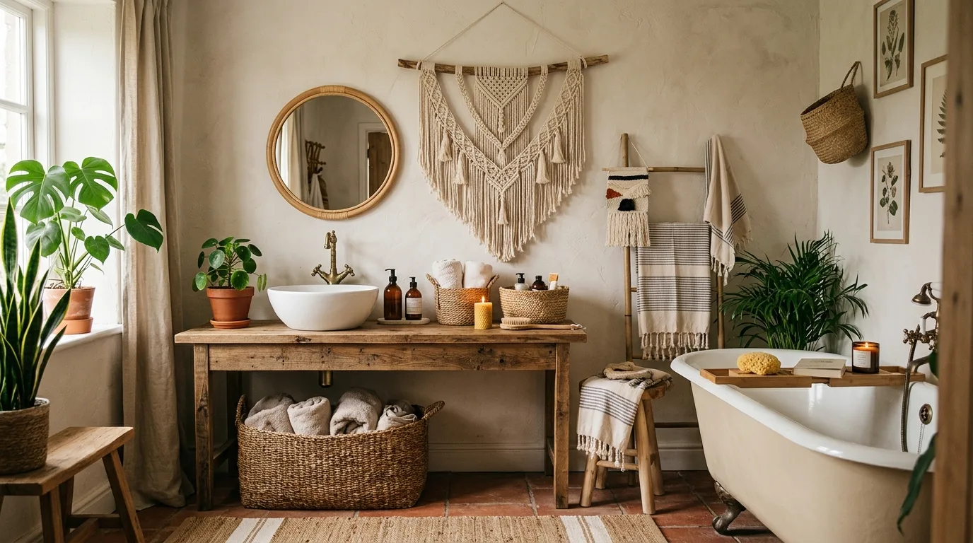 Bathroom wall above the toilet with a tiered shelf arrangement.