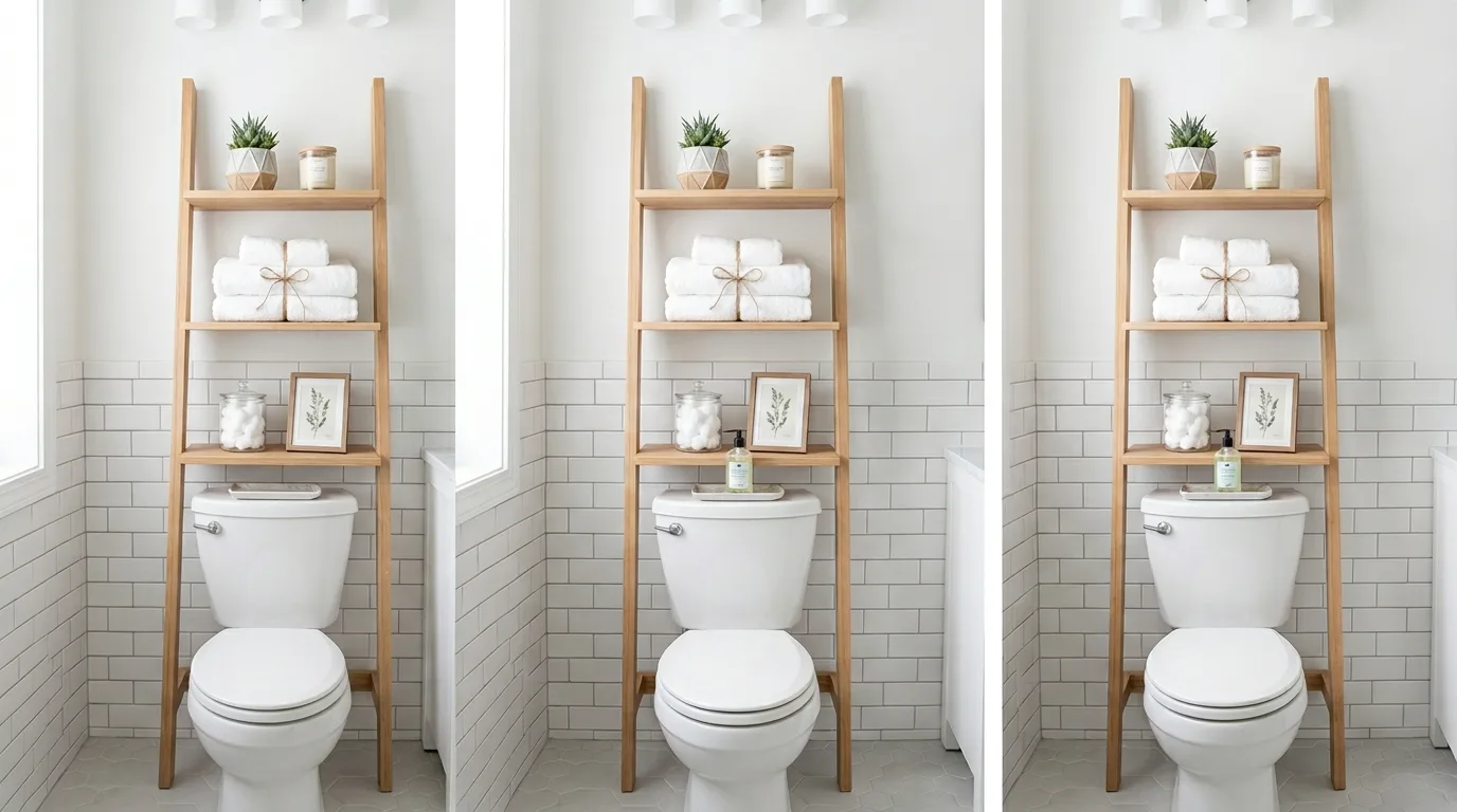 Bathroom decor above the toilet with apothecary jars and neat storage.
