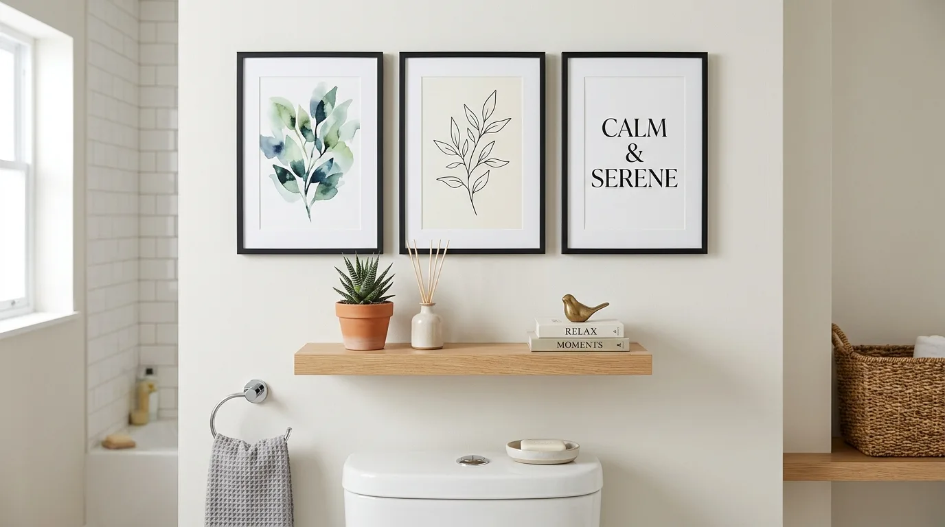 Slim ladder shelf above a toilet in a compact bathroom.