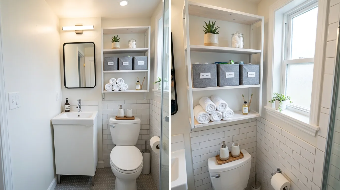 Above-toilet storage styled with matching containers and tidy organization.