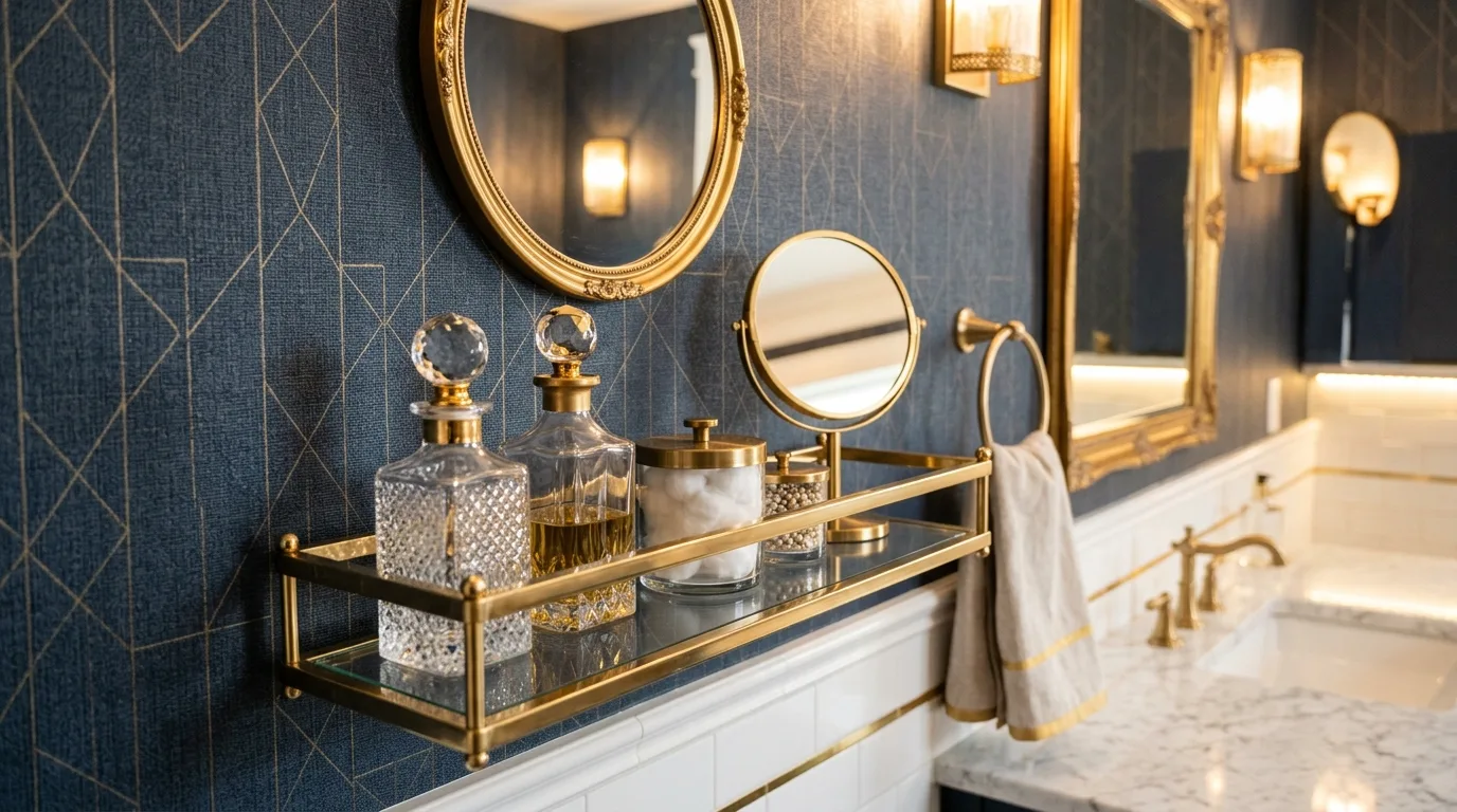 Bathroom shelf above the toilet decorated with greenery and storage.