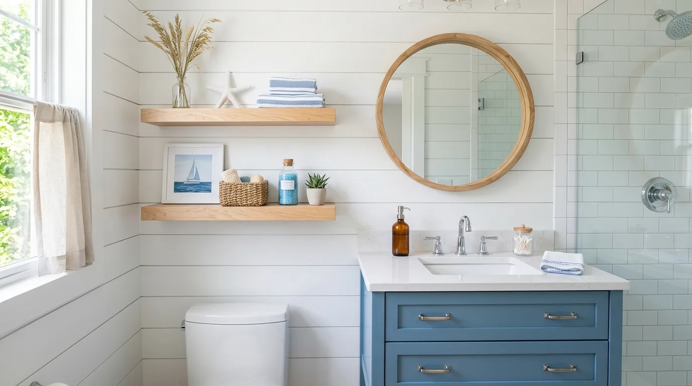 Powder room with a framed mirror and shelf above the toilet.