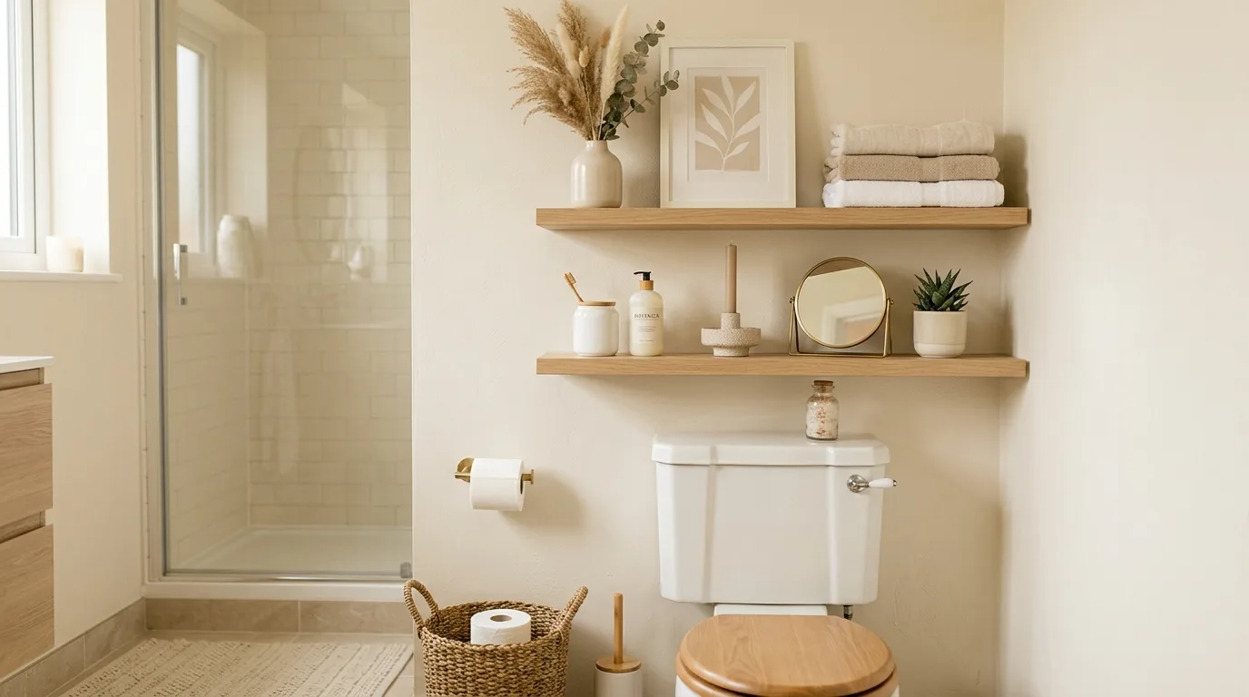 Modern bathroom with black metal shelving above the toilet.
