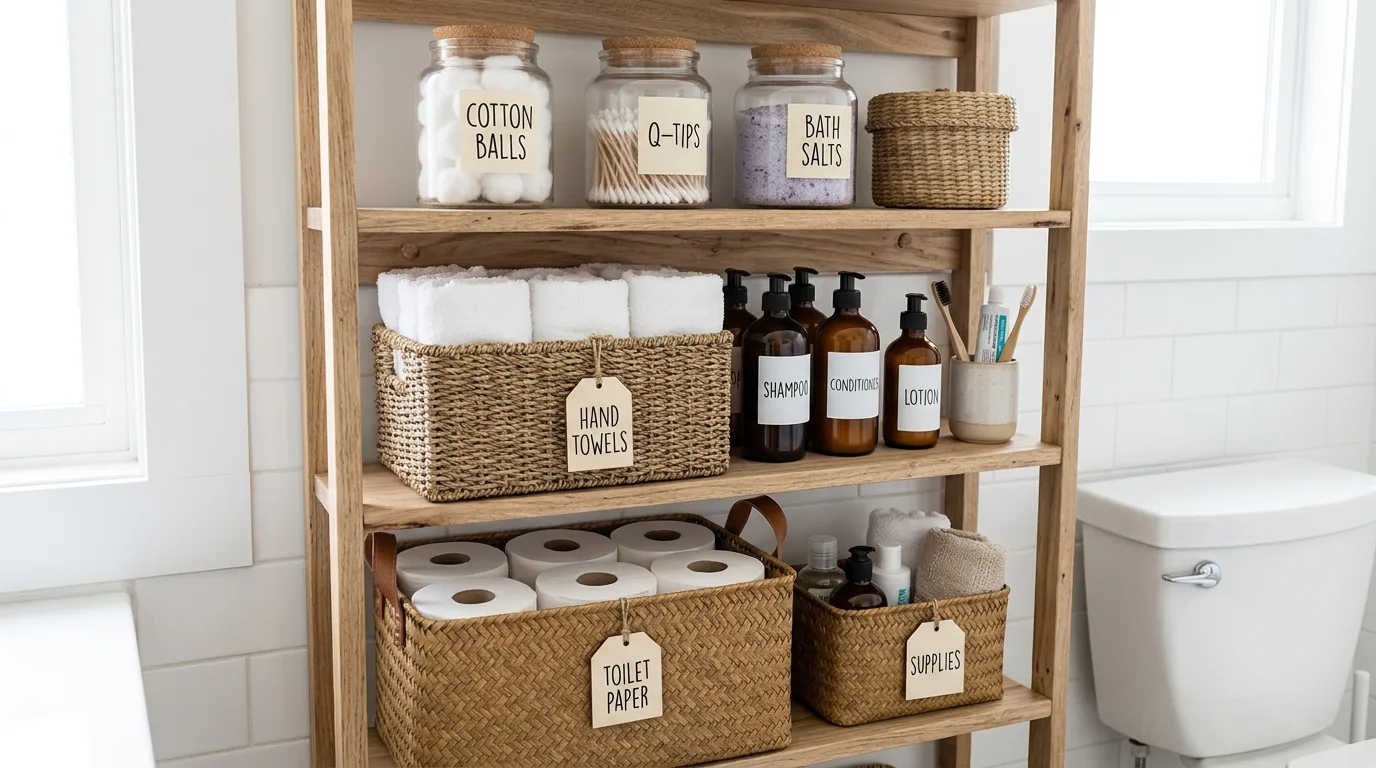 Minimal above-toilet bathroom shelf with an edited decorative arrangement.