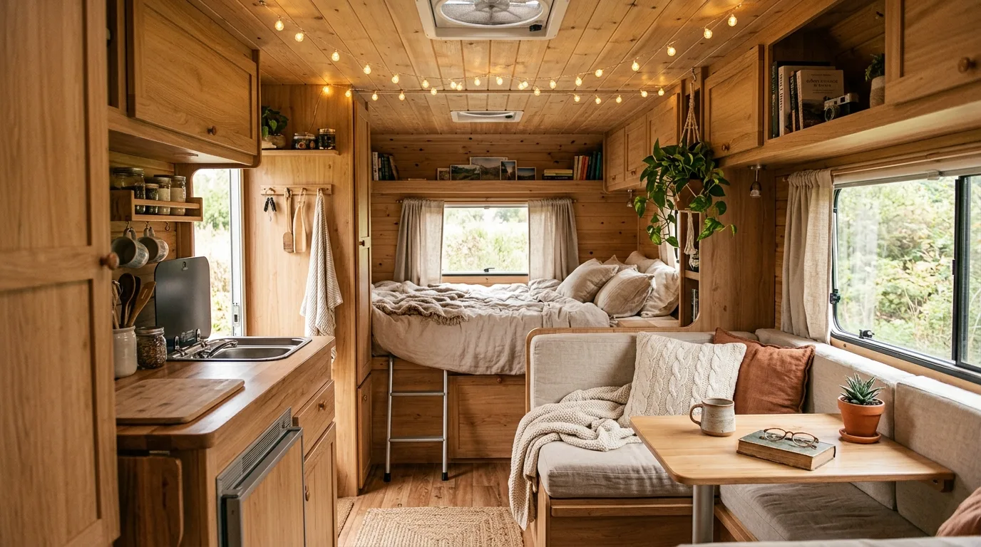 Cozy camper interior styled with light wood, soft textiles, and compact decor.