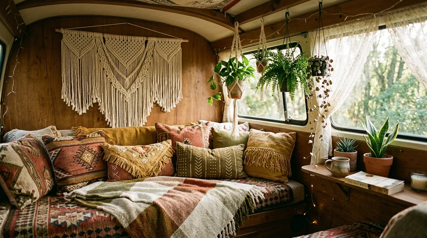Cozy camper bed styled with soft linen layers and neutral textiles.