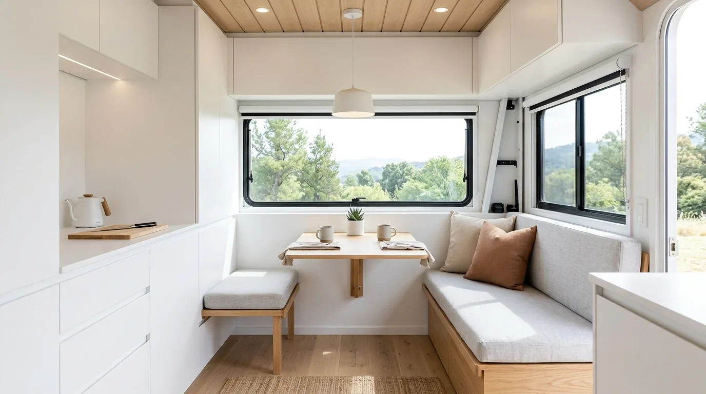 Camper shelves organized with woven baskets and small decor accents.