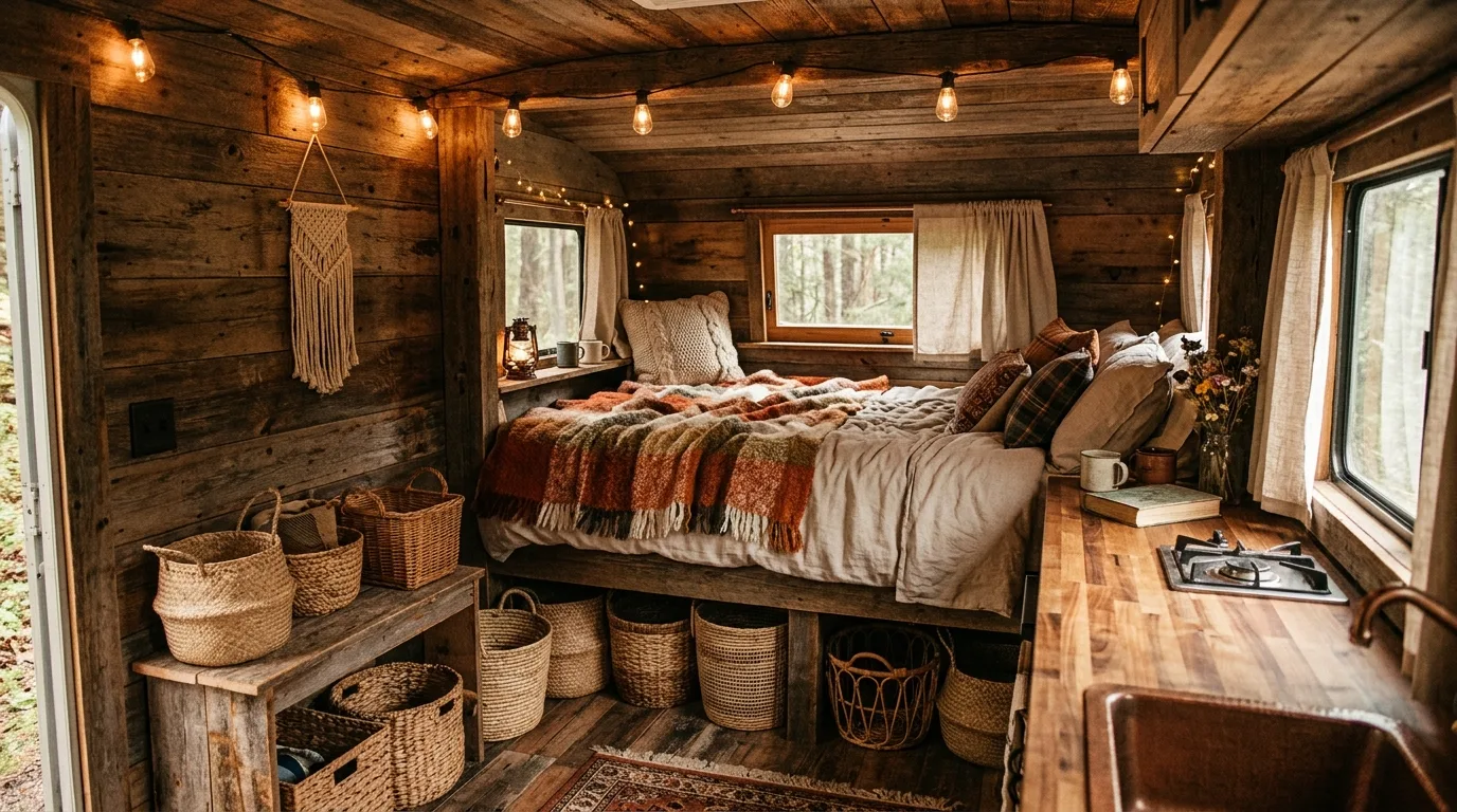 Camper kitchenette updated with a peel-and-stick backsplash.