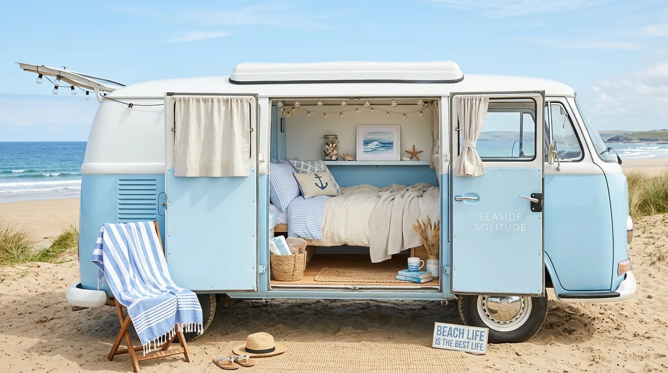 Camper decor with warm wall lighting creating a cozy evening mood.