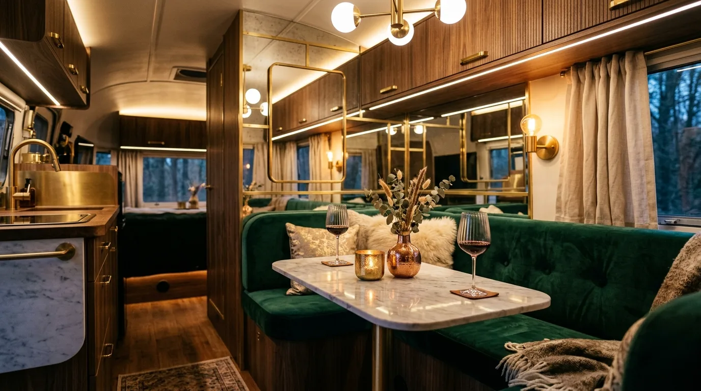 Camper windows dressed with soft curtains for a homey look.