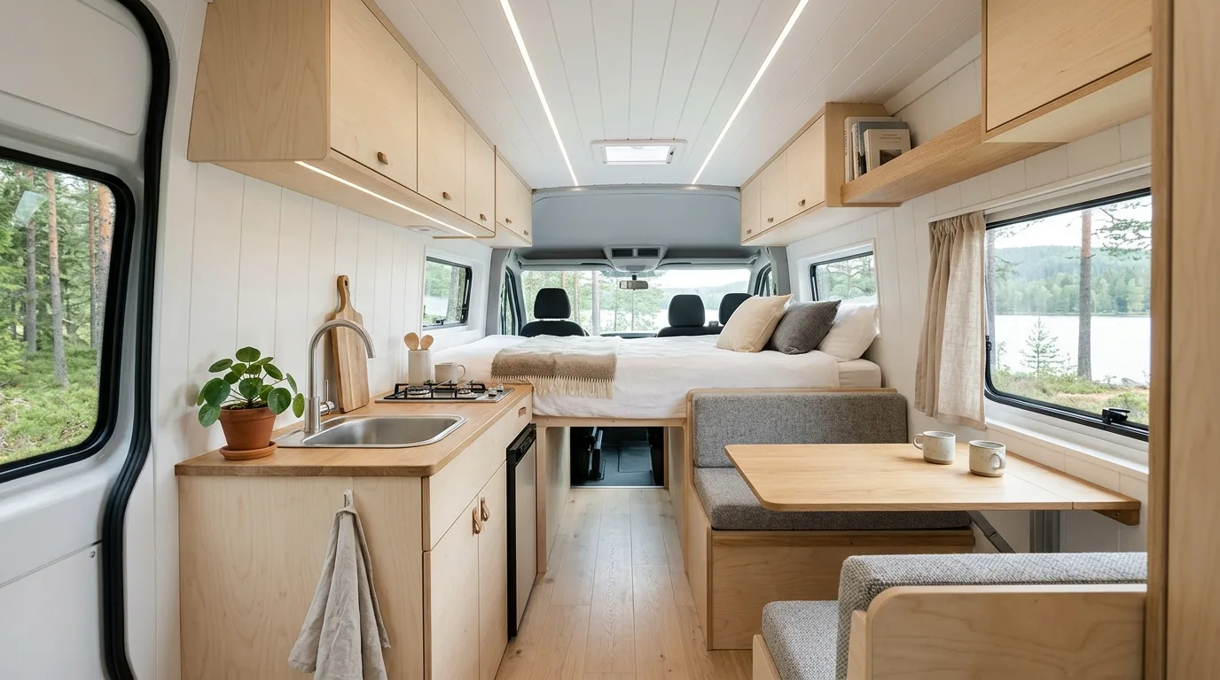 Camper cabinets painted muted green with warm wood and brass accents.