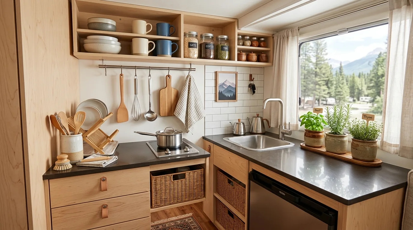 Small camper dining nook styled with cushions and a simple table setting.