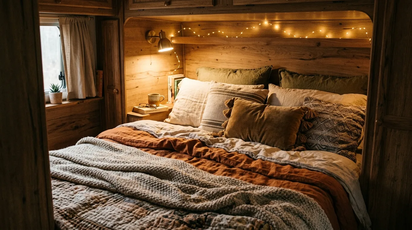 Camper entry area organized with wall hooks and compact storage.