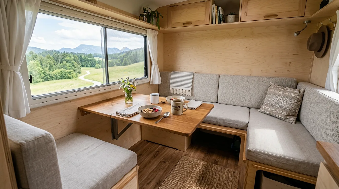 Cozy camper floor styled with a patterned washable rug.