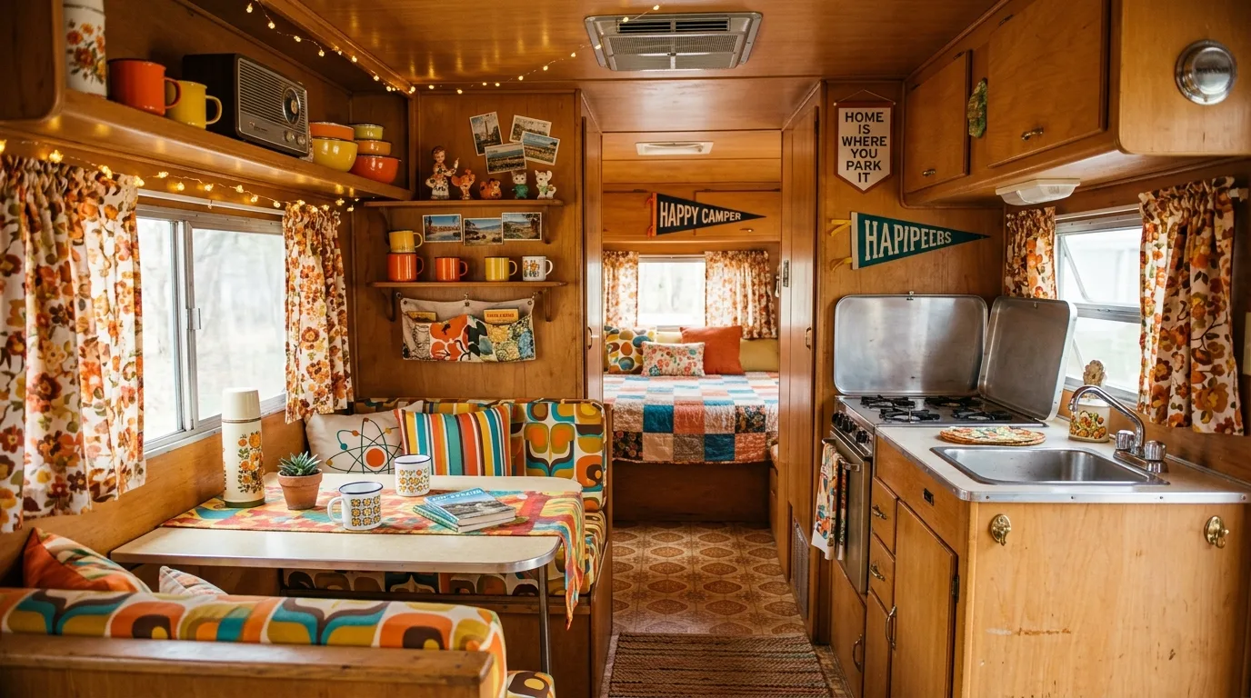 Camper coffee corner styled with mugs, a tray, and compact appliances.