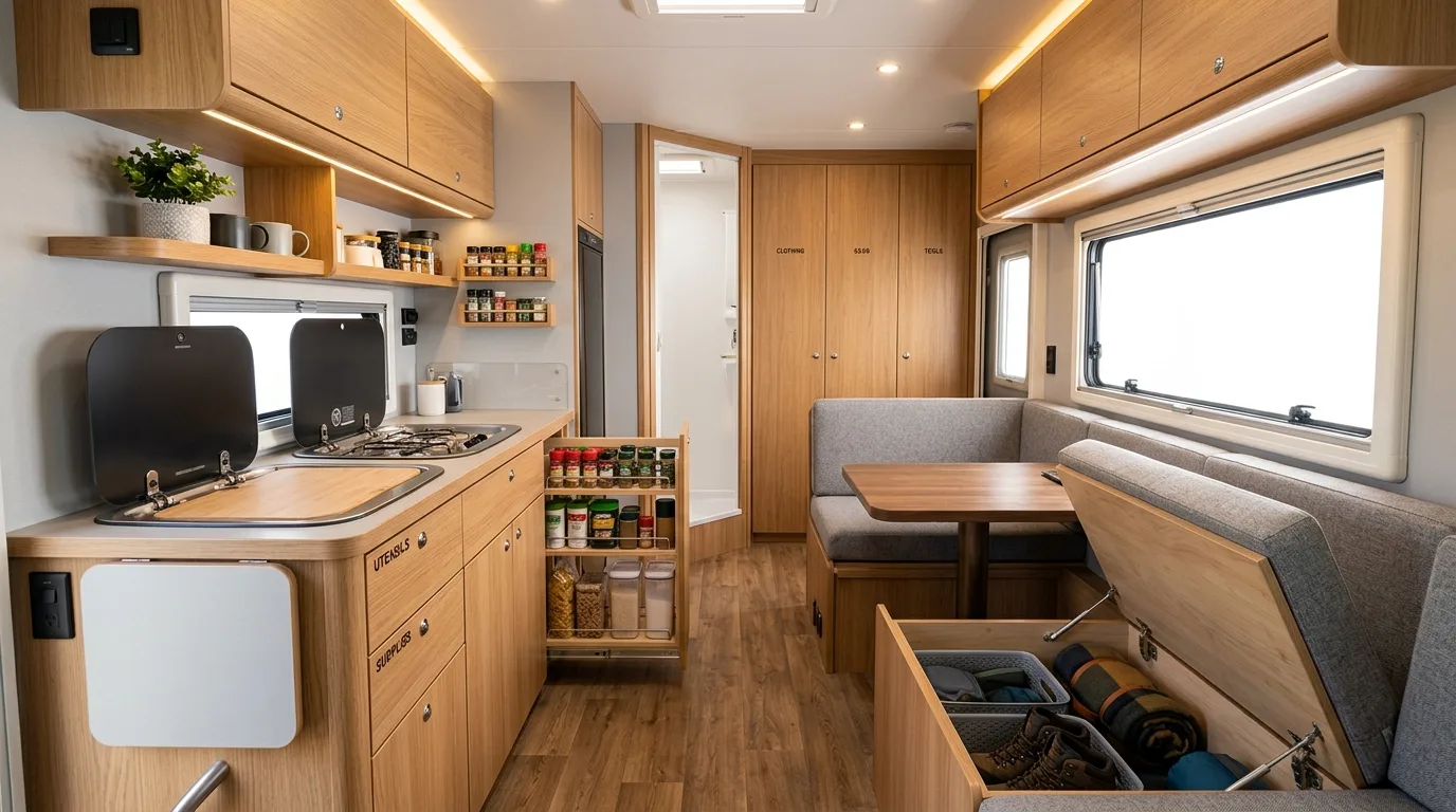 Small camper interior with subtle botanical accents and greenery.