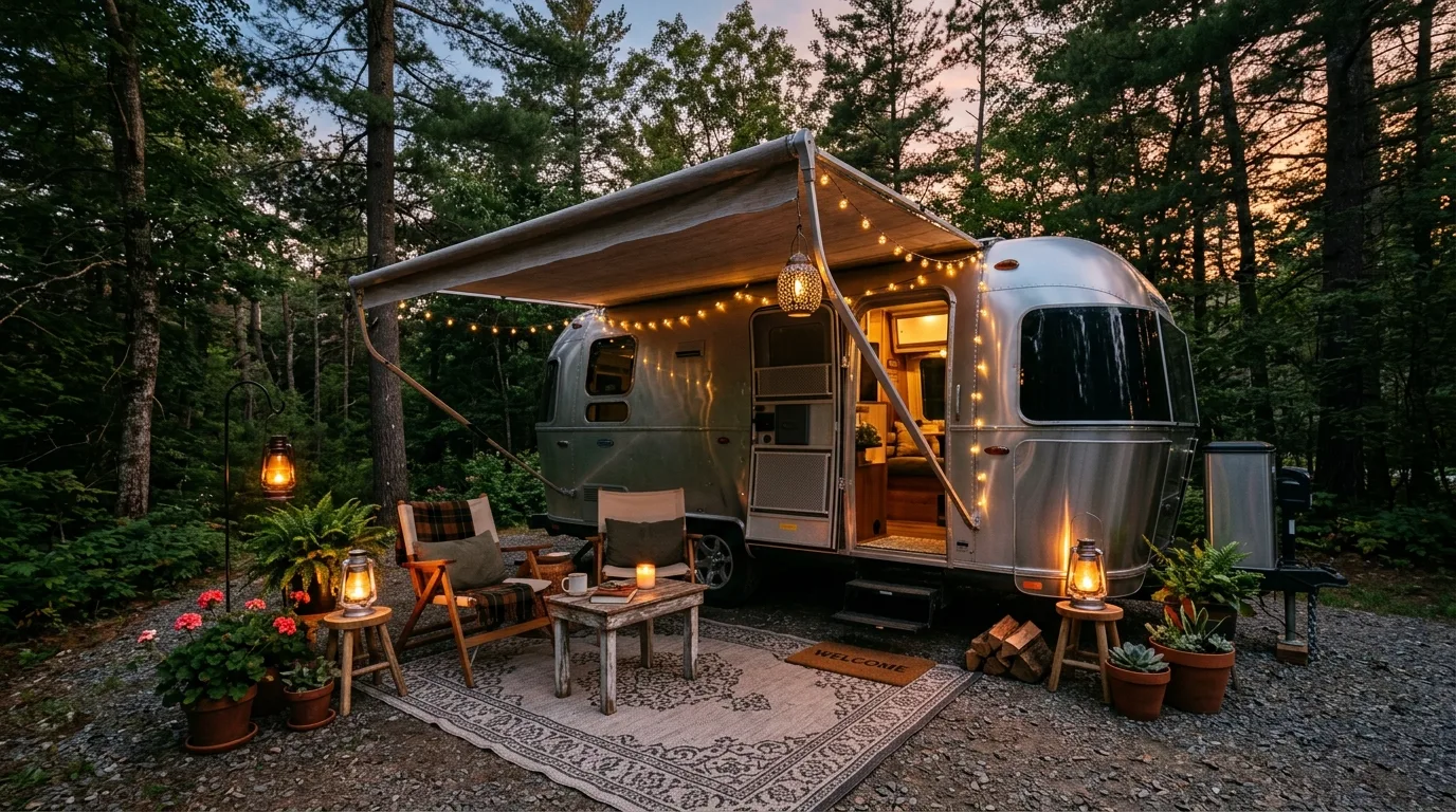 Camper bench seating with hidden storage underneath.