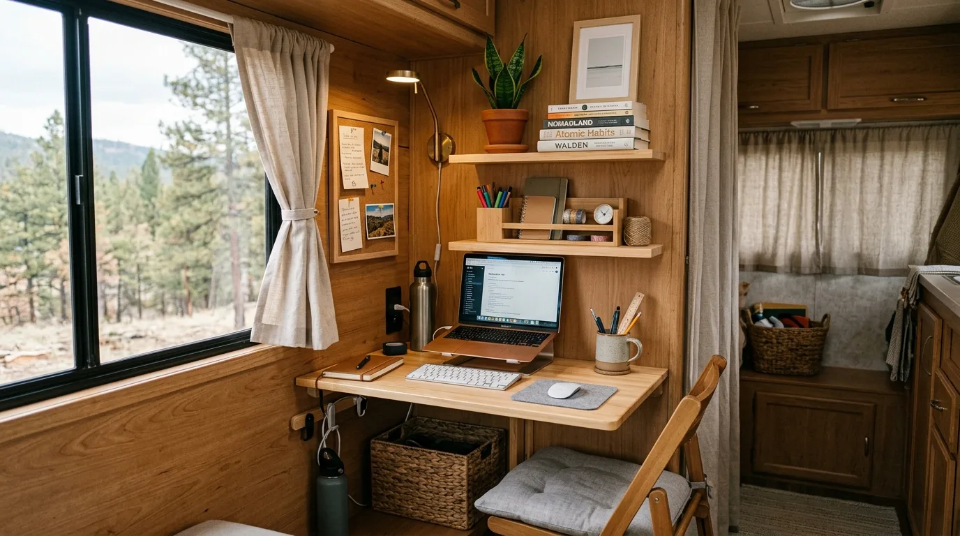 Neutral camper decor with cohesive styling and a calm compact layout.