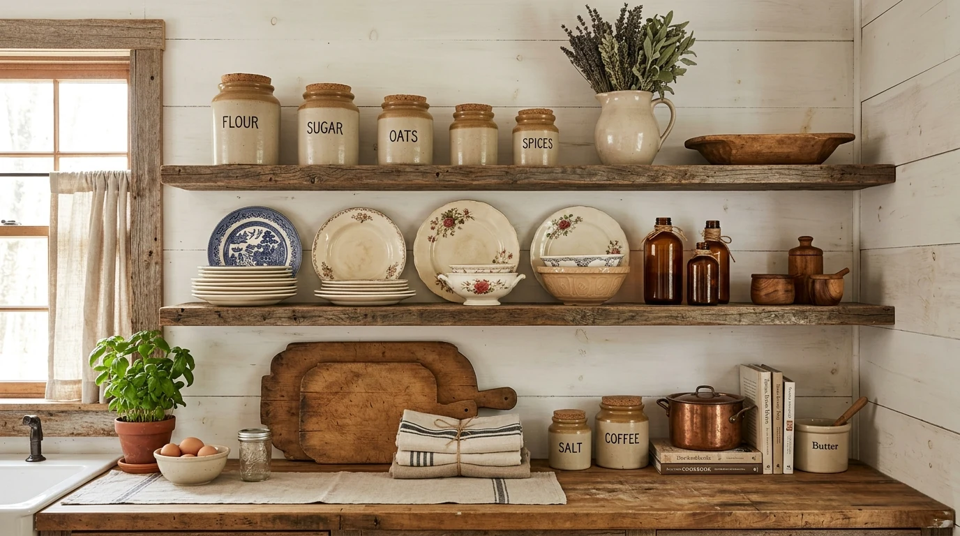 Retro kitchen styled with gingham tea towels and charming vintage accents.