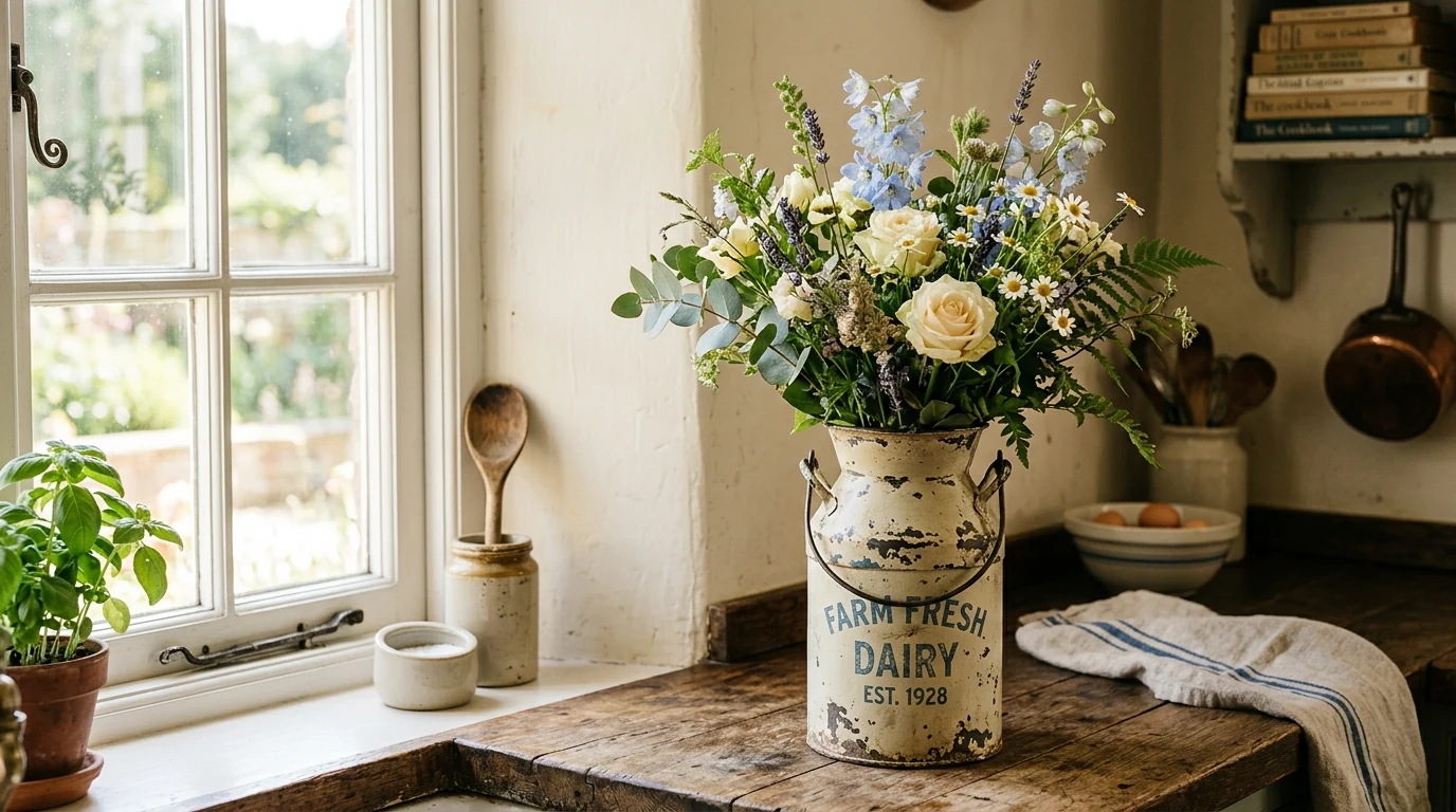 Milk-glass inspired serving bowls in a charming retro-style kitchen.