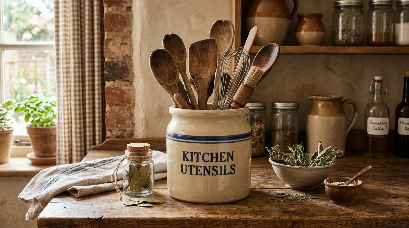 Vintage kitchen finds including retro tin trays and nostalgic wall accents.