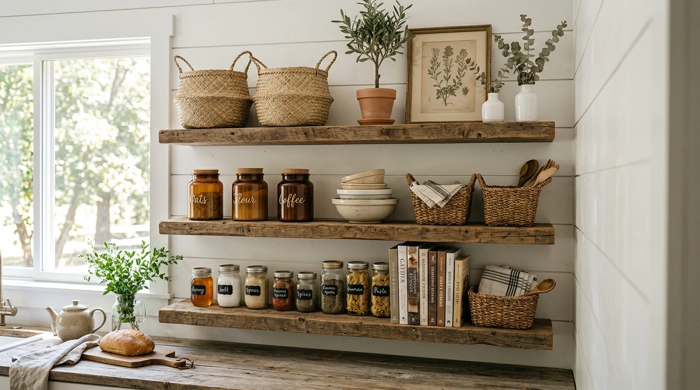 Apothecary jars holding pantry staples in a retro-inspired kitchen.