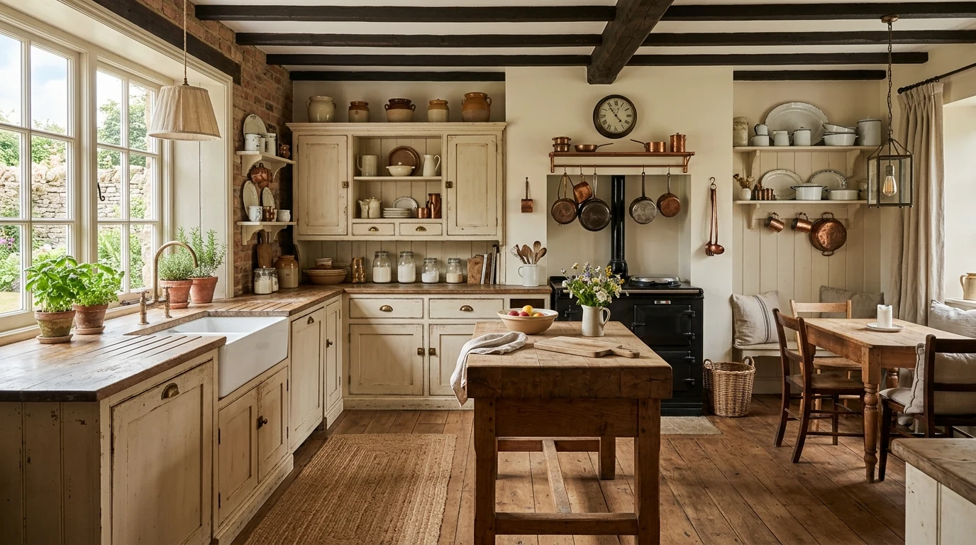 Retro kitchen floor styled with a classic vintage-look runner rug.