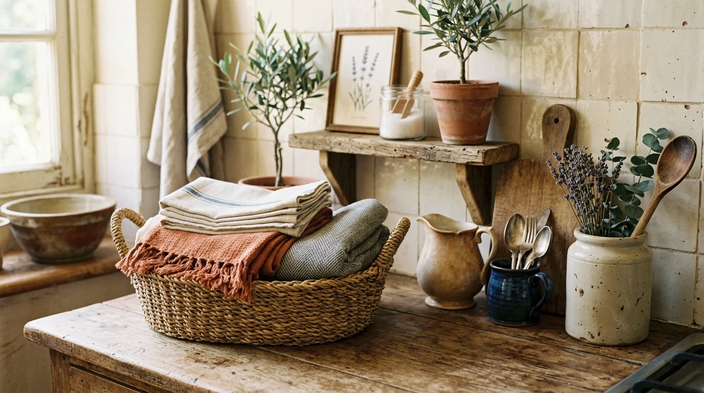 Charming retro kitchen accessories layered together for a collected vintage look.