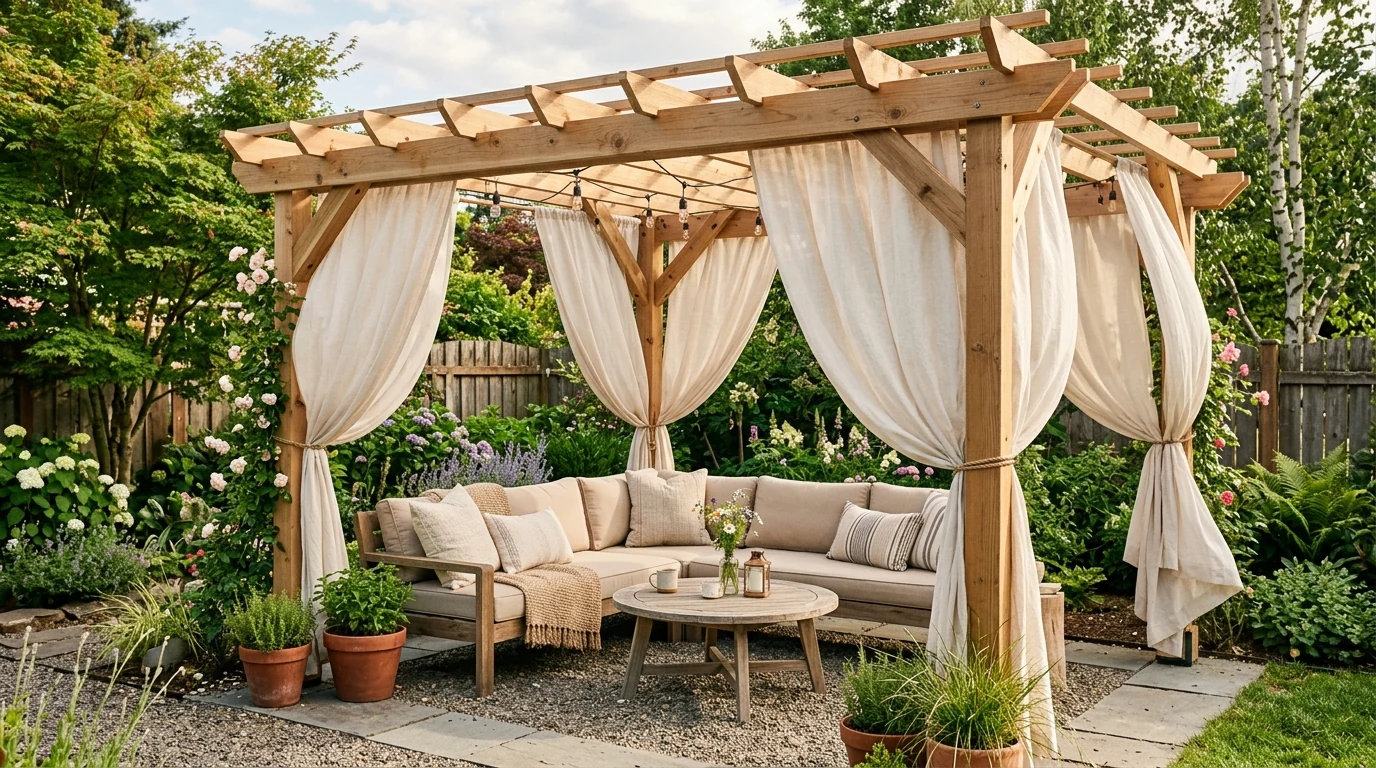 Affordable backyard makeover with a pergola or canopy effect.