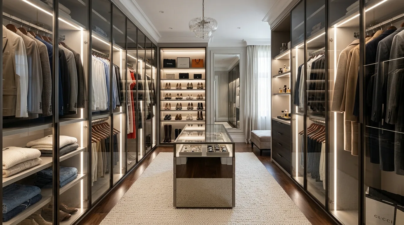 Dreamy walk-in closet with island, chandelier, elegant cabinetry, and boutique-style displays.