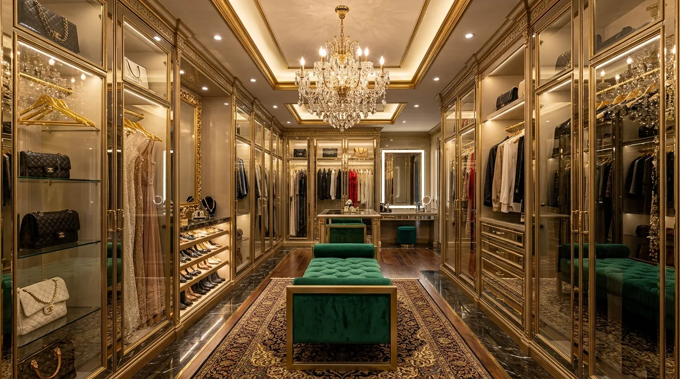 Dreamy walk-in closet with glass-front cabinets displaying bags and shoes.