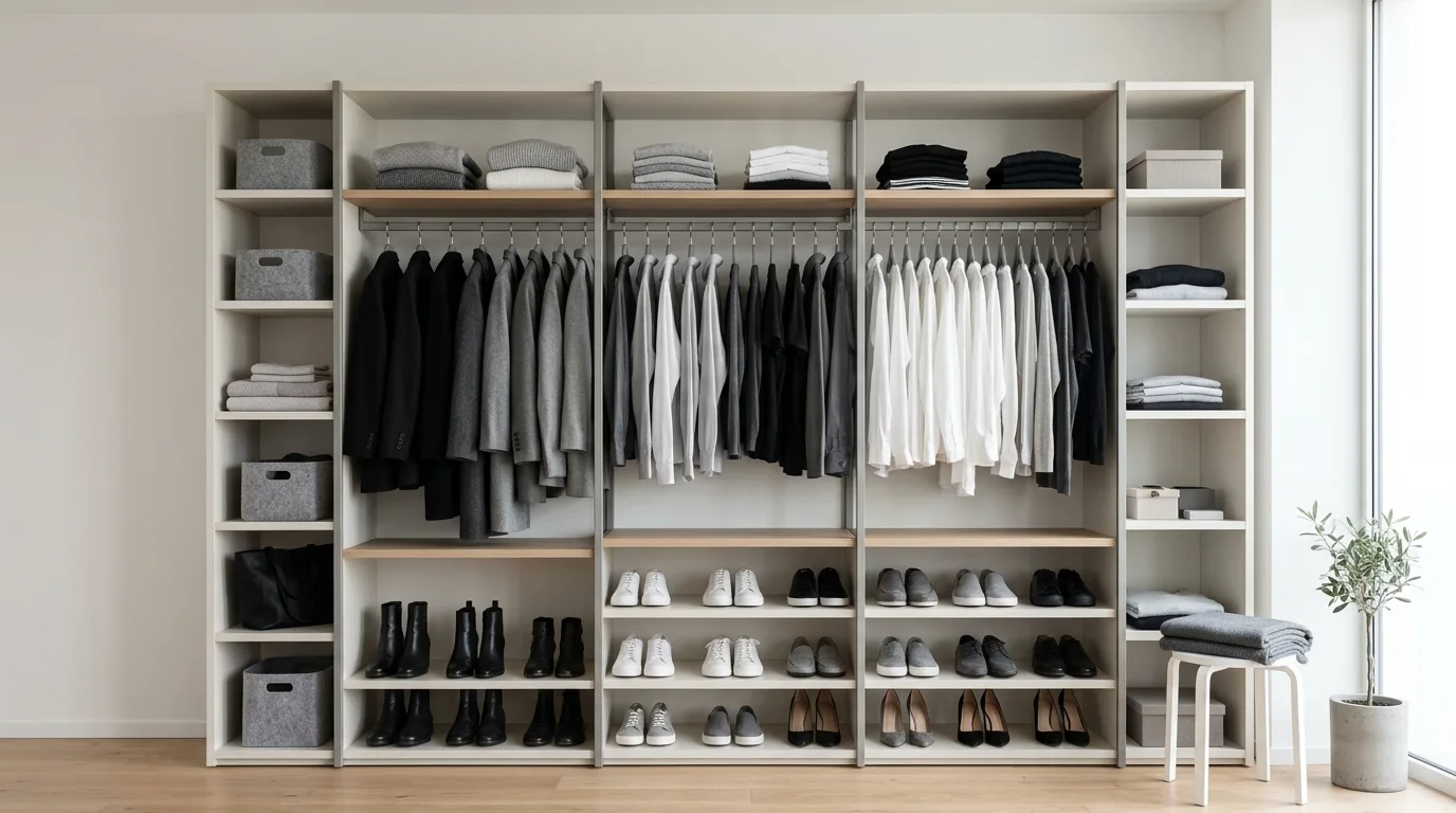 Luxury walk-in closet with integrated shelf lighting and elegant storage.