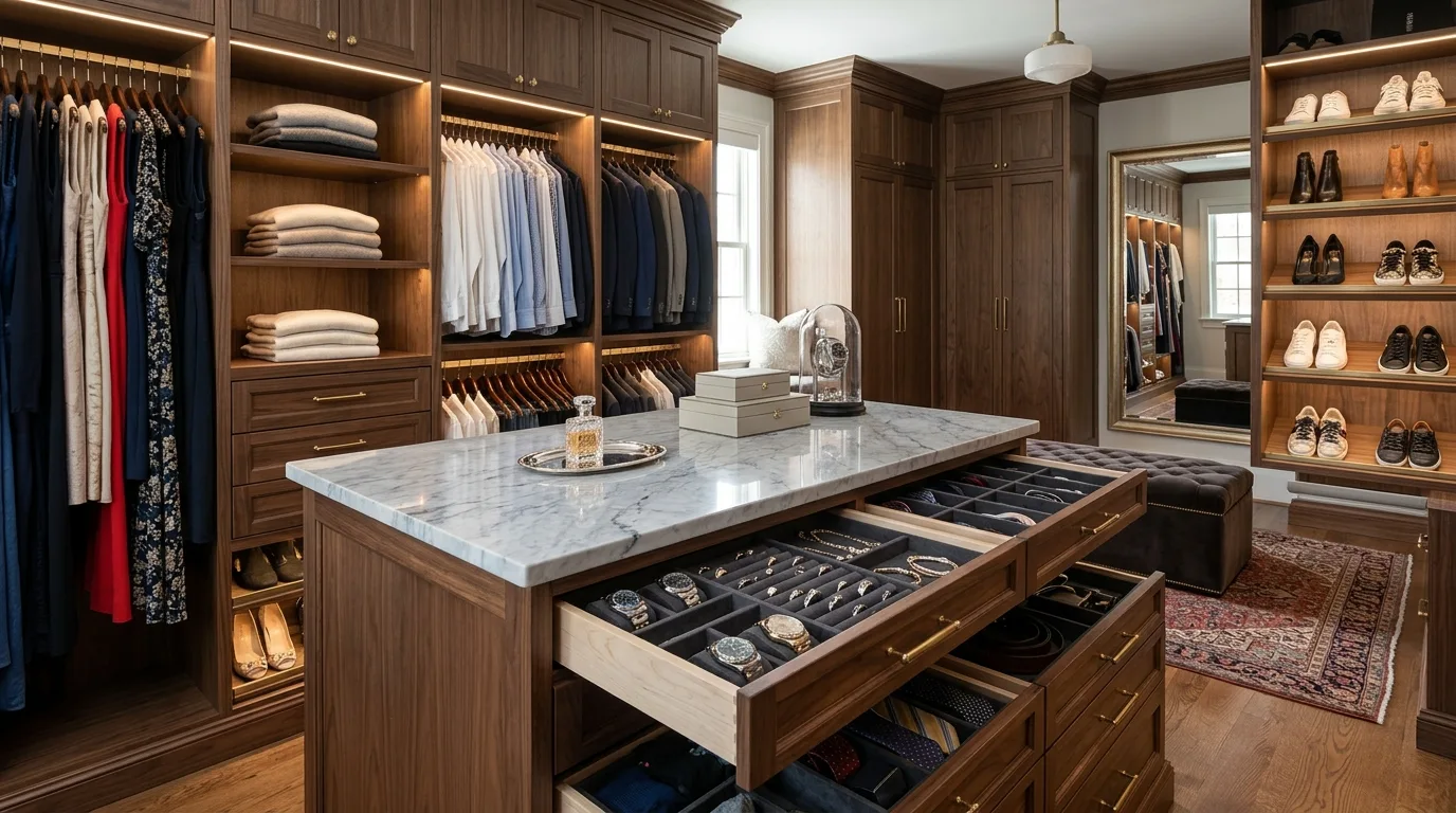 Stunning walk-in closet with a tall shoe display wall.