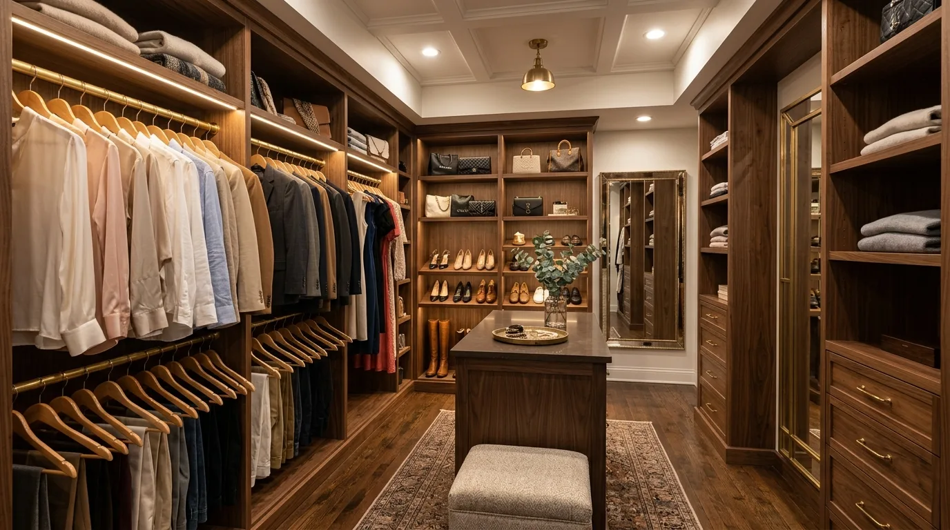 Walk-in closet vanity nook with mirror, stool, and boutique styling.