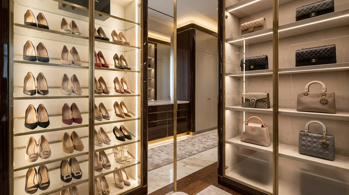 Elegant walk-in closet with chandelier and boutique dressing-room atmosphere.