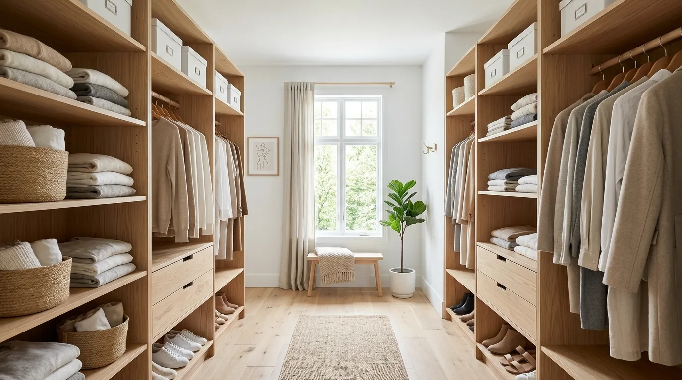 Walk-in closet with open hanging sections arranged in an edited boutique style.