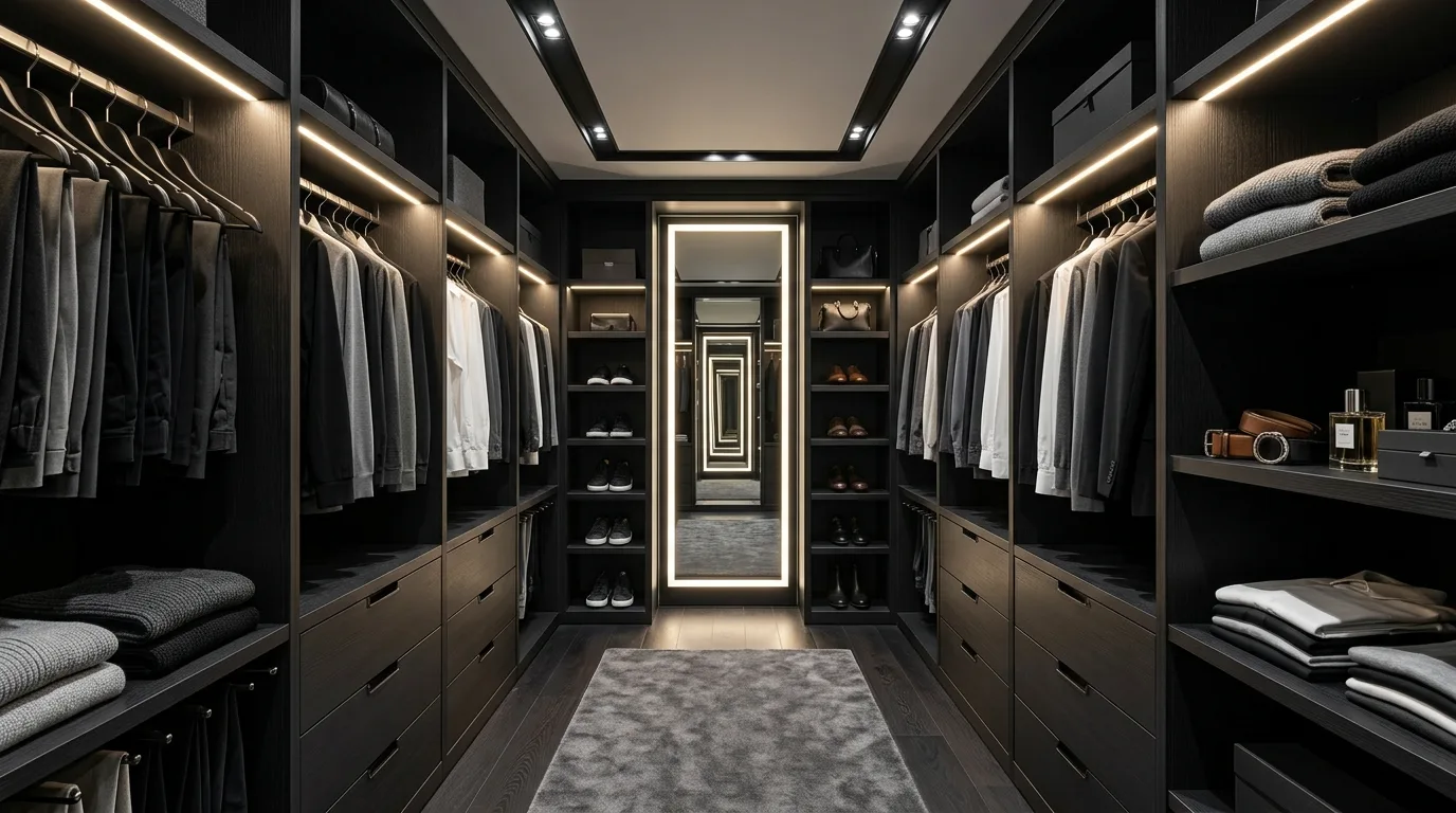 Dreamy walk-in closet with full mirrors adding light and depth.