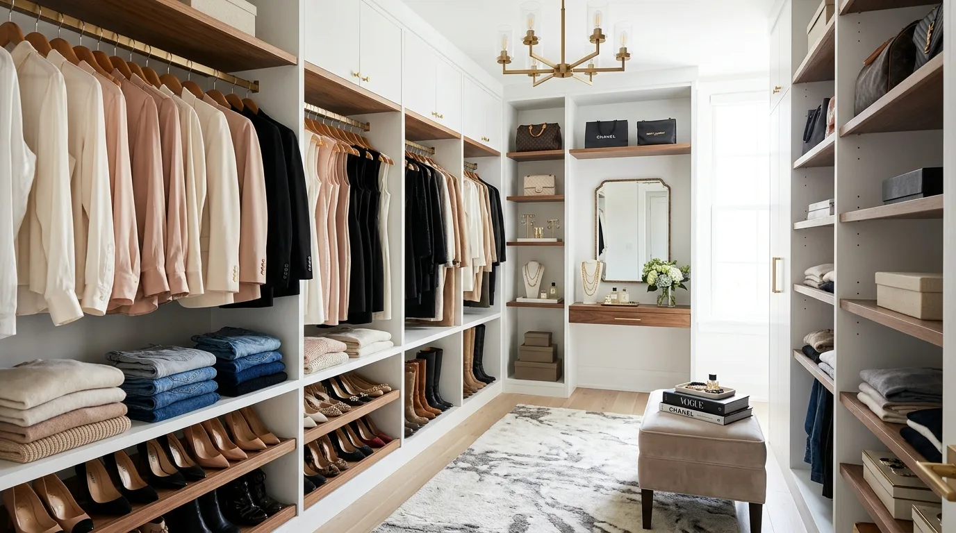 Walk-in closet in warm neutral cabinetry with a refined boutique look.
