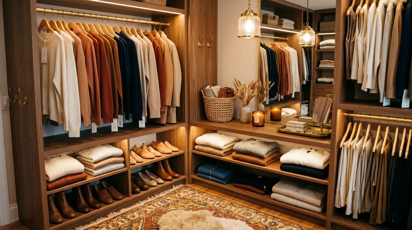 Boutique walk-in closet featuring handbags displayed on elegant shelves.