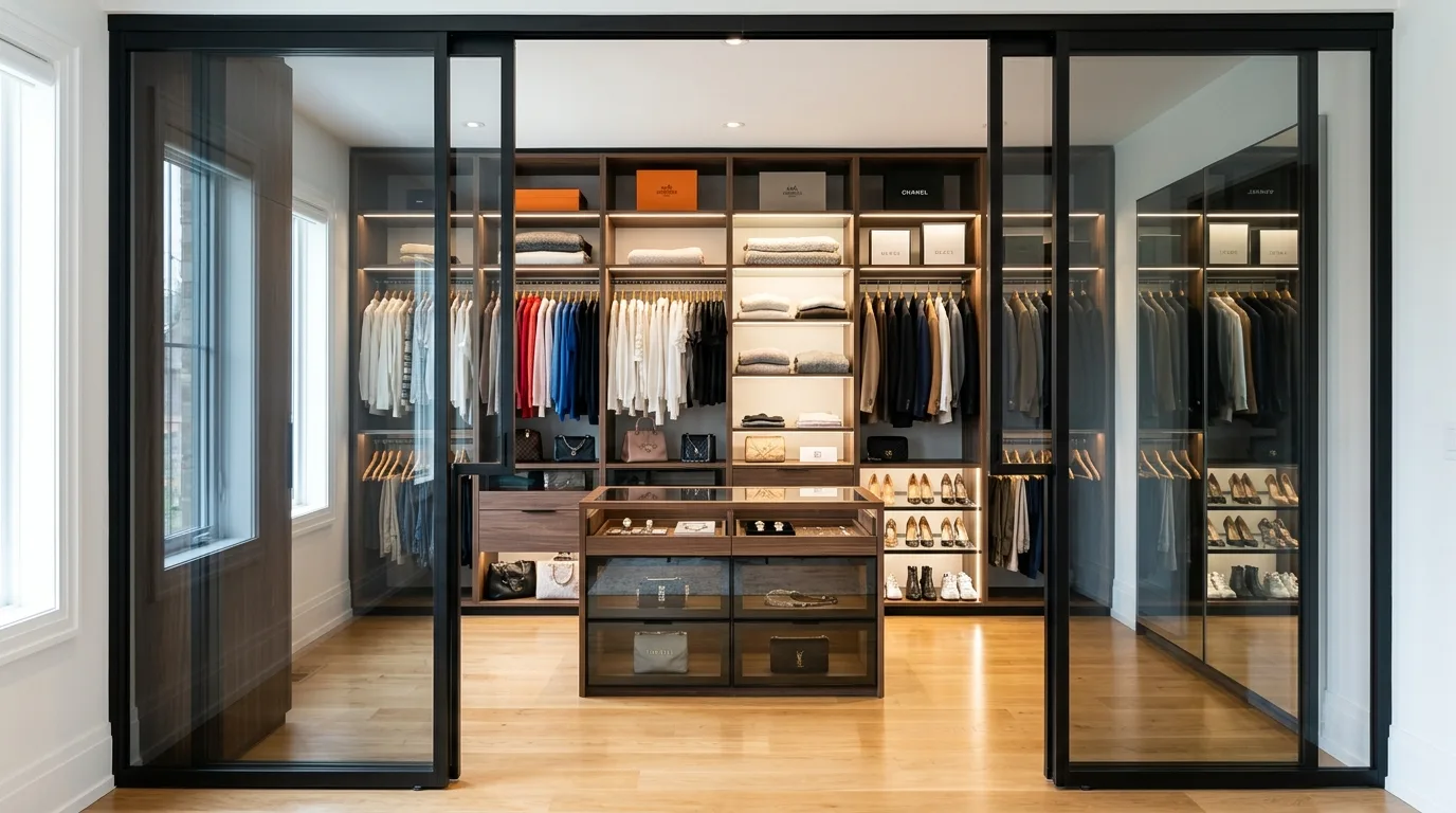 Stylish walk-in closet with seating creating a true dressing room feel.